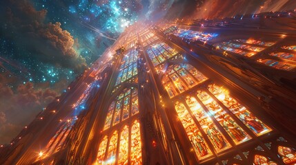 Vibrant Stained Glass Windows Illuminating the Celestial Beauty of a Church Monastery