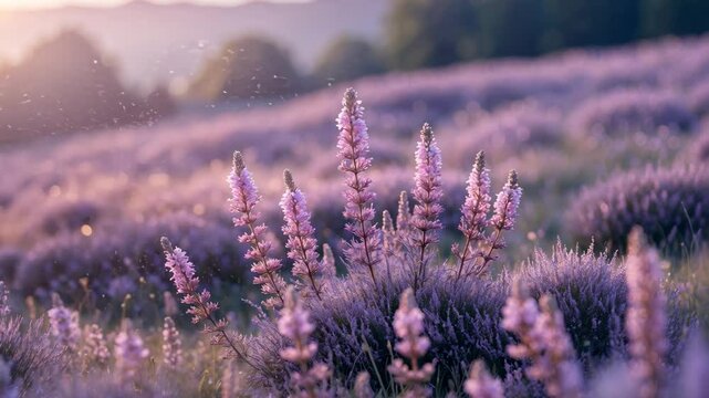 Forest ground covered with blooming heather flowers frozen in rime at dawn, detailed view. Abstract natural botanical floral design, texture, backdrop. Wide-angle video, macro videography.