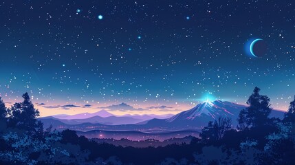 Fototapeta premium Serene Night Landscape with Rolling Hills Under a Starry Sky and a Bright Moon