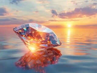 Fototapeta premium Sparkling diamond on serene water reflecting a vibrant sunset sky creating a captivating scene of luxury and natural beauty