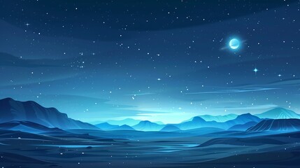 Fototapeta premium Serene Night Landscape with Rolling Hills Under a Starry Sky and a Bright Moon