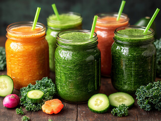 p: a colorful array of vegetable smoothies in mason jars, featuring ingredients like kale, cucumber