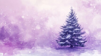 Obraz premium Winter's embrace: a lonely evergreen in a gentle, lilac snowfall, watercolor style.