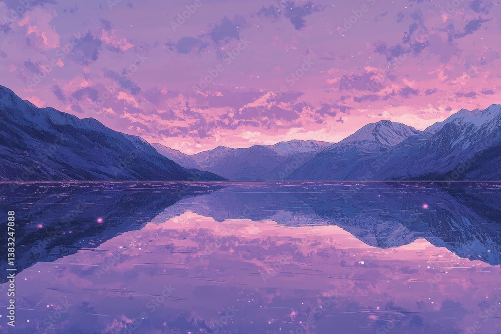 Poster serene mountain range reflecting on a tranquil lake under a pastel sky creating a peaceful and dream