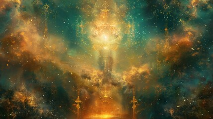Golden Sphere Surrounded by Glimmering Particles in a Cosmic Setting
