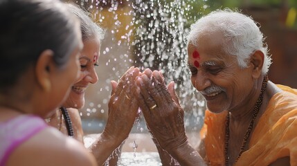 Obraz premium Grandparents smiling under stream of water during family ritual