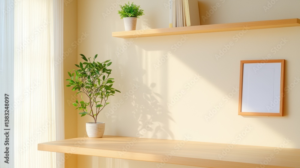 Poster serene and inviting workspace creation with lush greenery and soft natural light in modern interior 