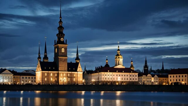 Birger Jarls' torn tower and church as viewed from the town hall, featuring a dramatic skyline and light ripples on the water with a blue shimmer.