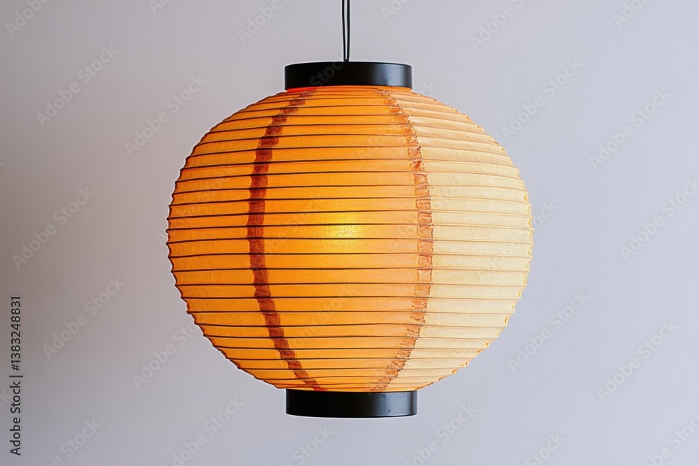 Poster illuminated orange paper lantern hanging gracefully against a soft gray background casting a warm li