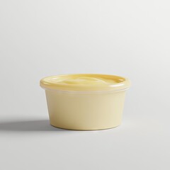 Creamy yellow sauce in a small, round, plastic container with a lid