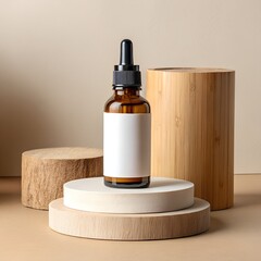 Amber Glass Dropper Bottle on Wooden Platform - Minimalist Cosmetic Packaging with Pharmaceutical Styling