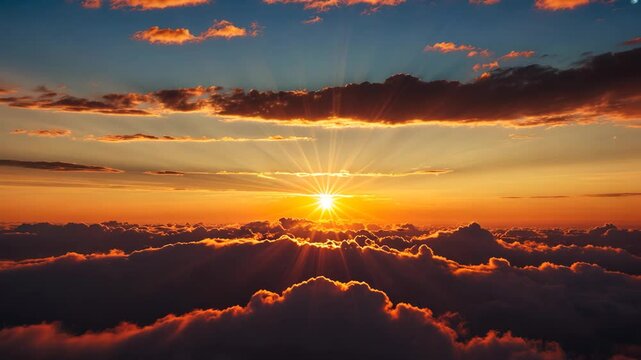 Stunning panoramic view of the vibrant sunrise featuring silver linings and clouds against the orange sky.