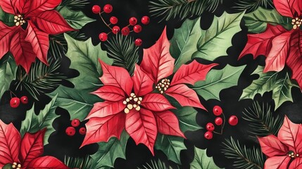 Festive watercolor composition of poinsettias, holly, berries, and evergreen branches against a dark textured background.