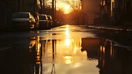Obraz premium Sunset casting golden light on a water-soaked street