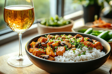 Bowl of food with rice and meat and a glass of wine. Scene is relaxed and enjoyable