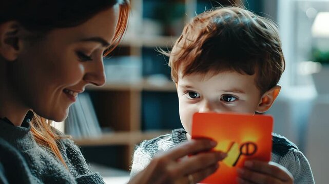 Mother and Child Engage in Colorful Learning Interaction with Joyful Cards for Inclusive Education and Shared Learning Experiences