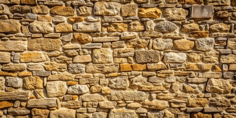 Obraz premium A textured background featuring an aged stone wall constructed of various-sized, sun-kissed stones, showcasing an intricate and rustic pattern.