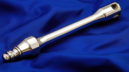 Naklejka premium A polished steel drill bit with fine detail laid across a rich blue backdrop