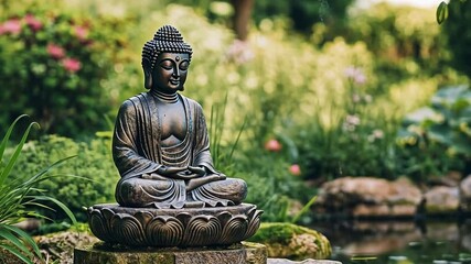 Serene bronze Buddha statue in lotus position beside tranquil water feature in a garden setting.