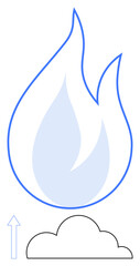 Blue flame above cloud with upward arrow representing energy flow, combustion, and sustainability. Ideal for energy, environment, technology, renewable resources, industry, climate change education
