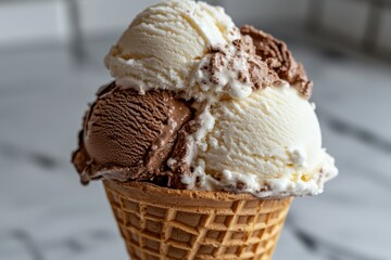 Delicious Trio of Ice Cream Flavors in Waffle Cone on Marble Surface Close Up Sweet Treat Indulgence Creamy Texture Refreshing Dessert Summer Delight Gourmet Food