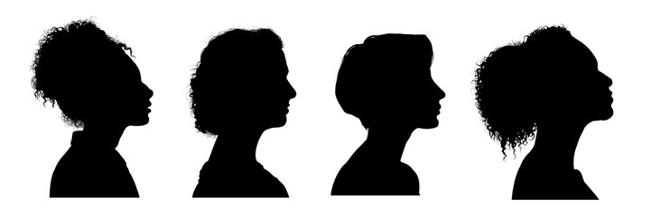 Set of young woman profile silhouette, beautiful girl - vector illustration	