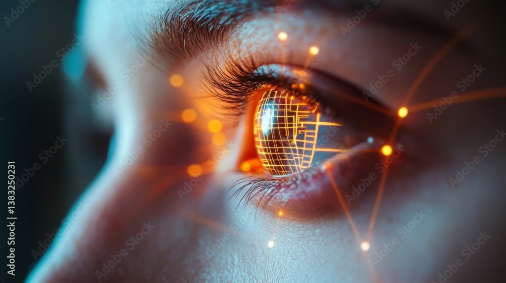 Poster visionary integration: close-up of an eye reflecting a glowing, futuristic grid pattern interconnect