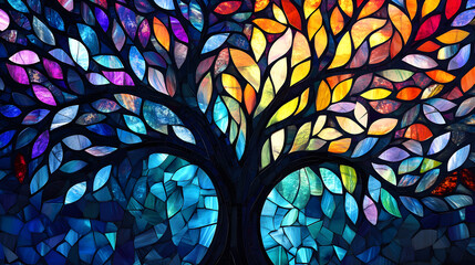 Colorful stained glass tree artwork symbolizing life growth and creativity, abstract mosaic branches with vibrant leaves, spiritual nature illustration, artistic design for inspiration, fantasy decor,