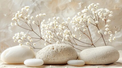 Serene arrangement of natural stones and dried flowers for wellness and mindfulness branding