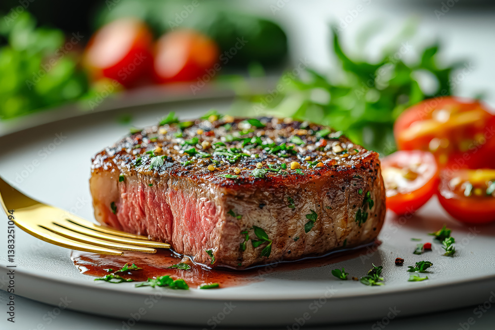 Poster piece of meat is on a plate with a fork and a tomato. the meat is cooked and has a nice sear. the pl