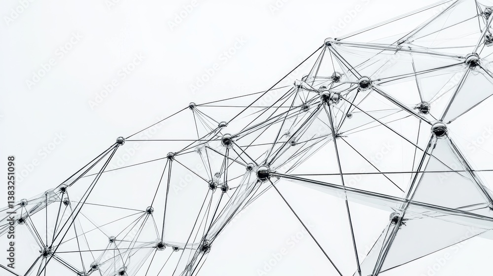 Poster Interconnected metals create a geometric network, forming a complex and visually striking structure against a white background, showcasing intricate patterns and precision.