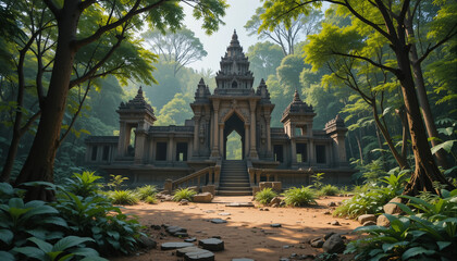 Ancient Temple Amidst Verdant Jungle: A majestic temple complex, with intricate architectural details, stands nestled amidst the lush greenery of a tropical jungle.