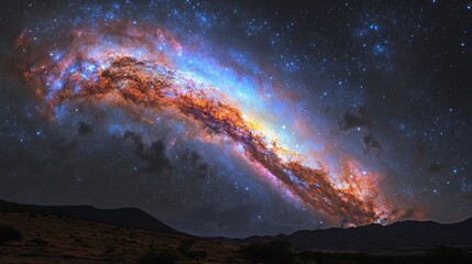 Fototapeta premium Celestial tapestry: a vibrant galaxy arching over a silent landscape under the cloak of night.