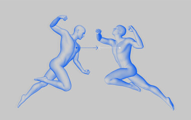 Leadership, freedom or development concept. Jumping man. 3D human body model. Design for sport. Vector illustration composed of particles.