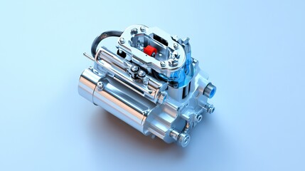 A top-down view of a carburetor with detailed accelerator pump and throttle linkage on a silver surface