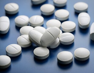 pile of white pills on dark surface table, medication concept