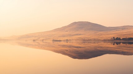 Naklejka premium Golden Hill Reflected in Still Lake at Sunrise 