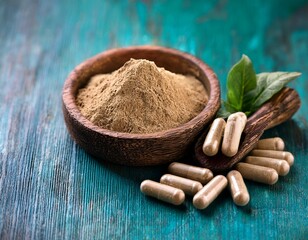 ashwagandha powder surrounded by vegetable capsuled ashwagandha pills and leaves, light natural background