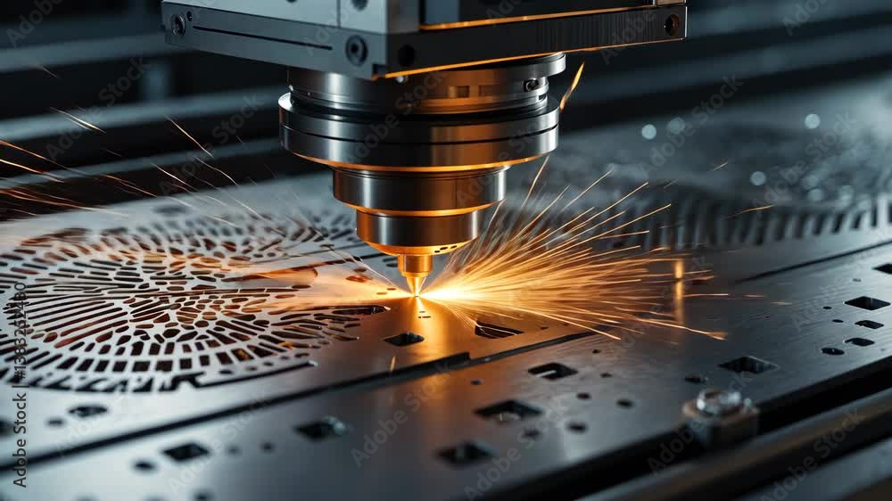 Poster cnc laser cutting machine in operation with sheet metal creating sparks in a factory setting. dark b
