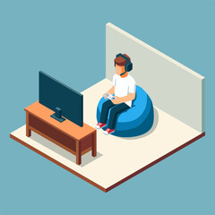 A Man Holding A Game Controller In Front Of A TV With Isometric Design Style