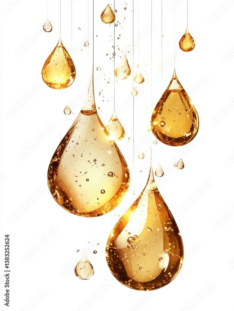 Poster golden liquid drops suspended against white background creating a mesmerizing visual effect studio s