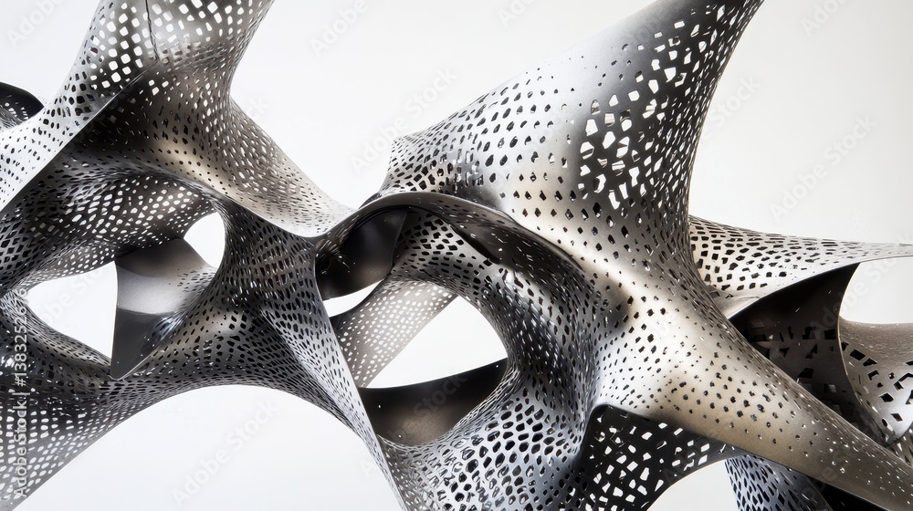 Poster Interconnected metals create a geometric network, forming a complex and visually striking structure against a white background, showcasing intricate patterns and precision.