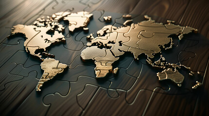Golden world map puzzle pieces assembled on dark wood surface