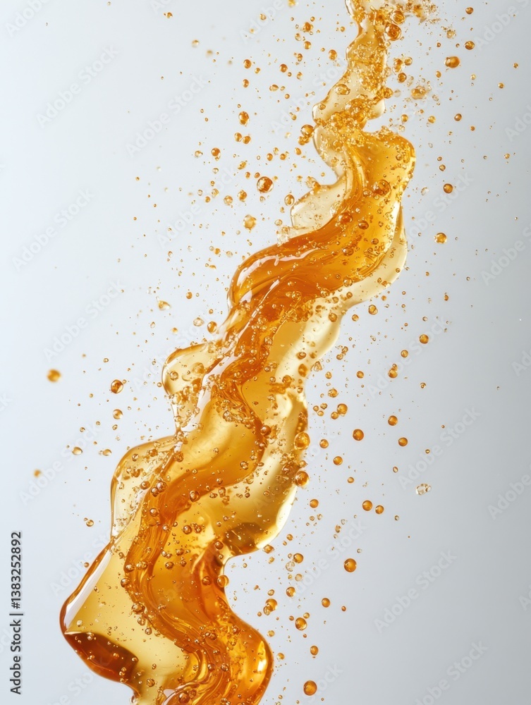 Poster golden liquid flow with bubbles on bright background captures dynamic movement and fluid texture for