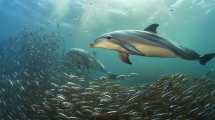 Dolphins swimming underwater near a school of fish
