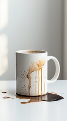 Spilled coffee in a white mug with dripping brown stains on a table
