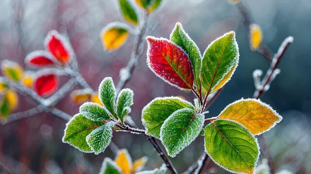 Frozen plants and young trees coated in rime, vibrant red, green, yellow, and golden foliage. Botanical design, texture, background. Nature, autumn, early winter. Wide-angle video, close-up