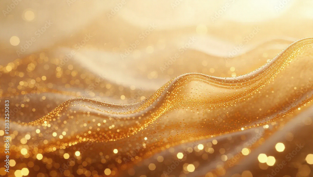 Poster golden flowing fabric abstract with sparkling bokeh lights for elegant design