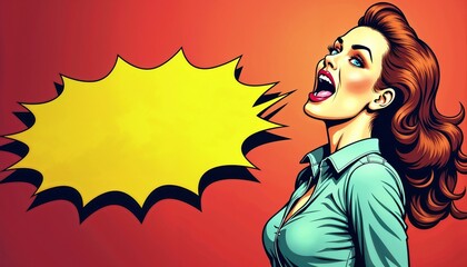 Vibrant pop art illustration of a woman shouting with a large yellow speech bubble in a dynamic background
