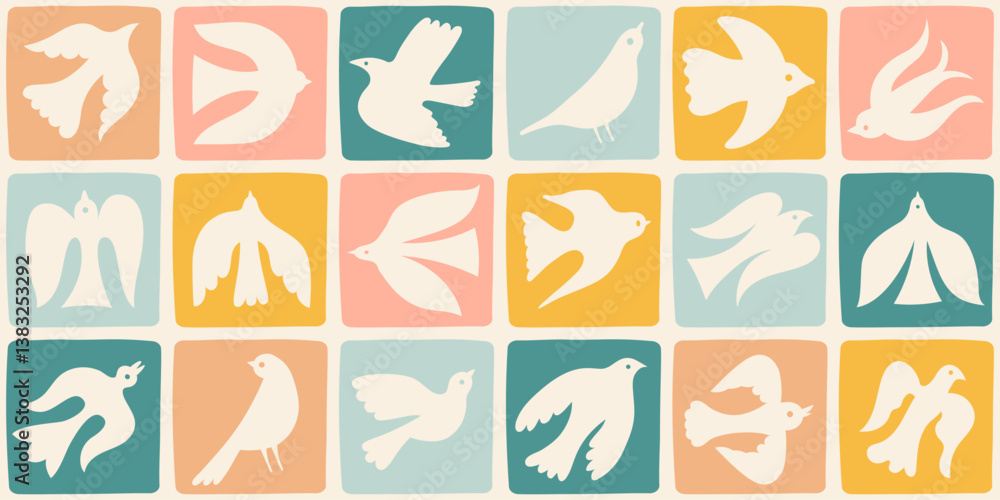 Poster Vector modern art print elements in simple wavy and groovy naive style, seamless pattern with birds flying in the sky